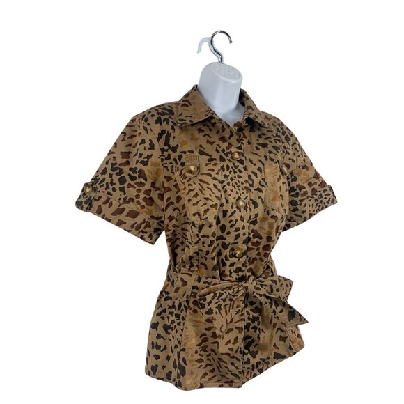 Susan Bristol Womens Leopard Print Safari Button-Up Top With Belt - Picture 3 of 9